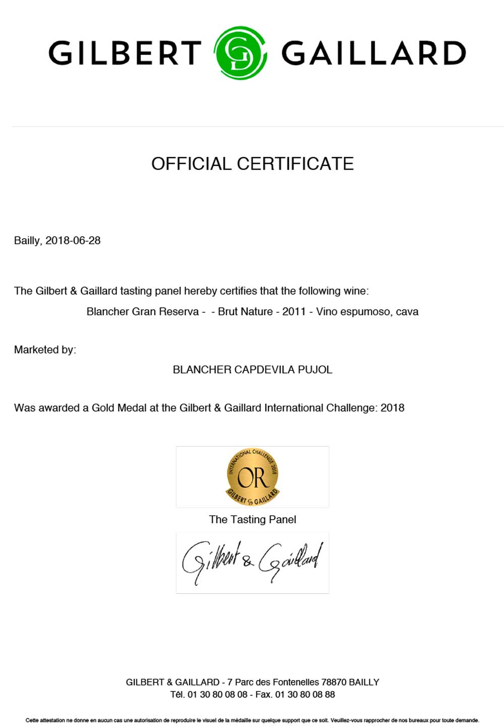 GG Blancher Gran Reserva Gold Medal 2011